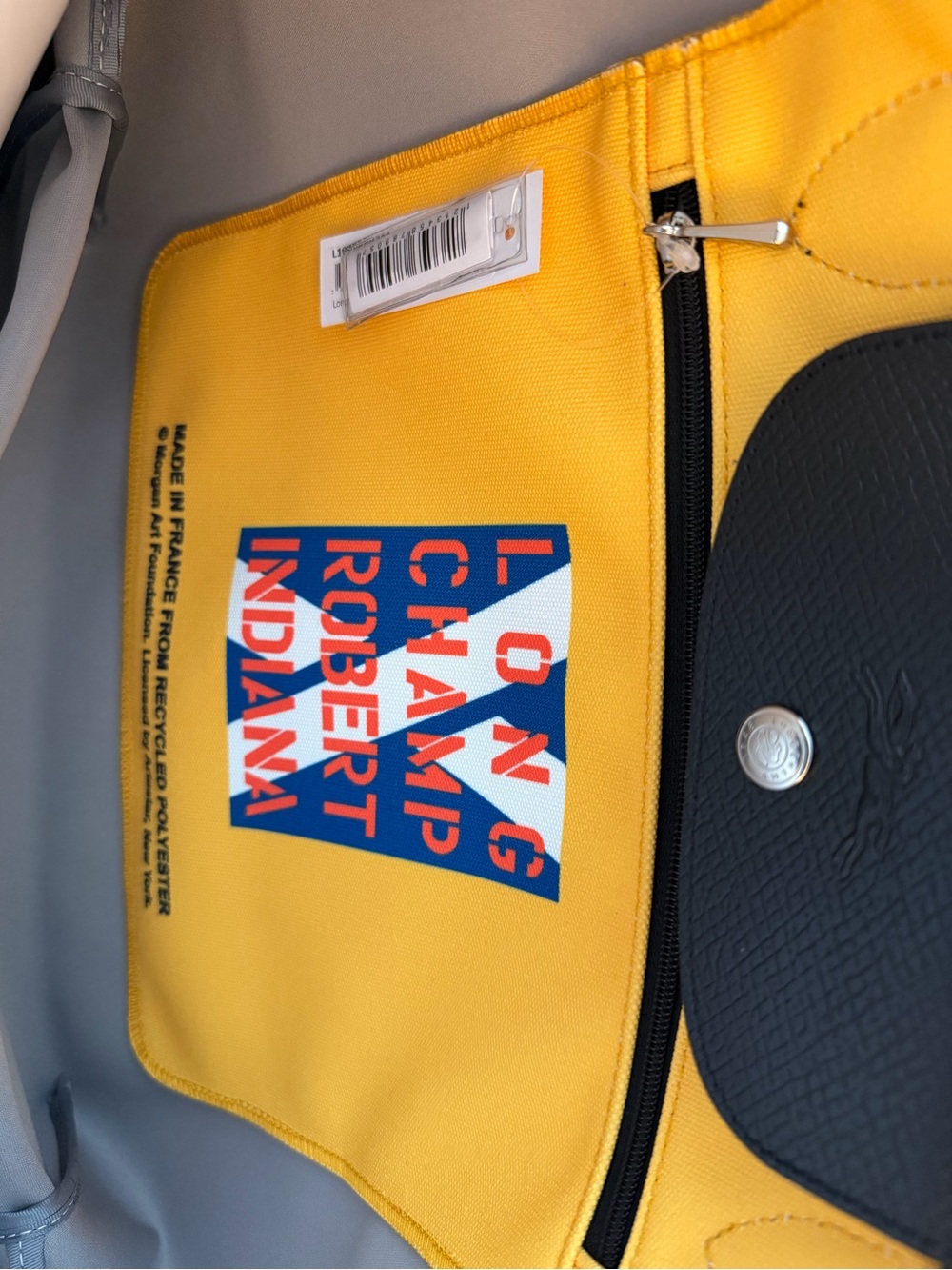 Longchamp x Robert Indiana One Cent Le Pliage - Yellow Tote with Black Trim - Picture 3 of 5